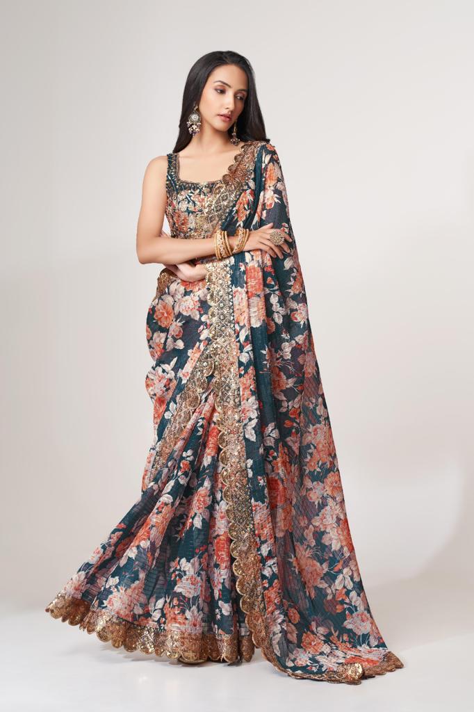 Classic Blue Organza Sequins Work Saree