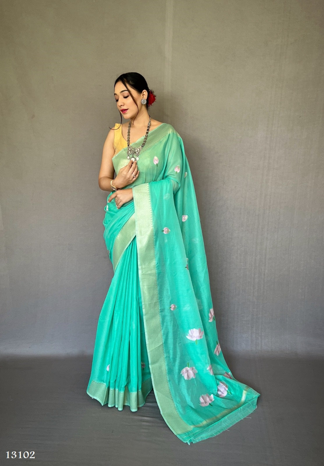 Linen Cotton saree in Sea Green
