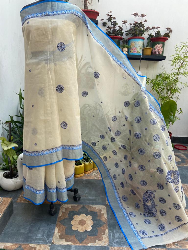Cream Color Kota Doria Chikankari Work Saree