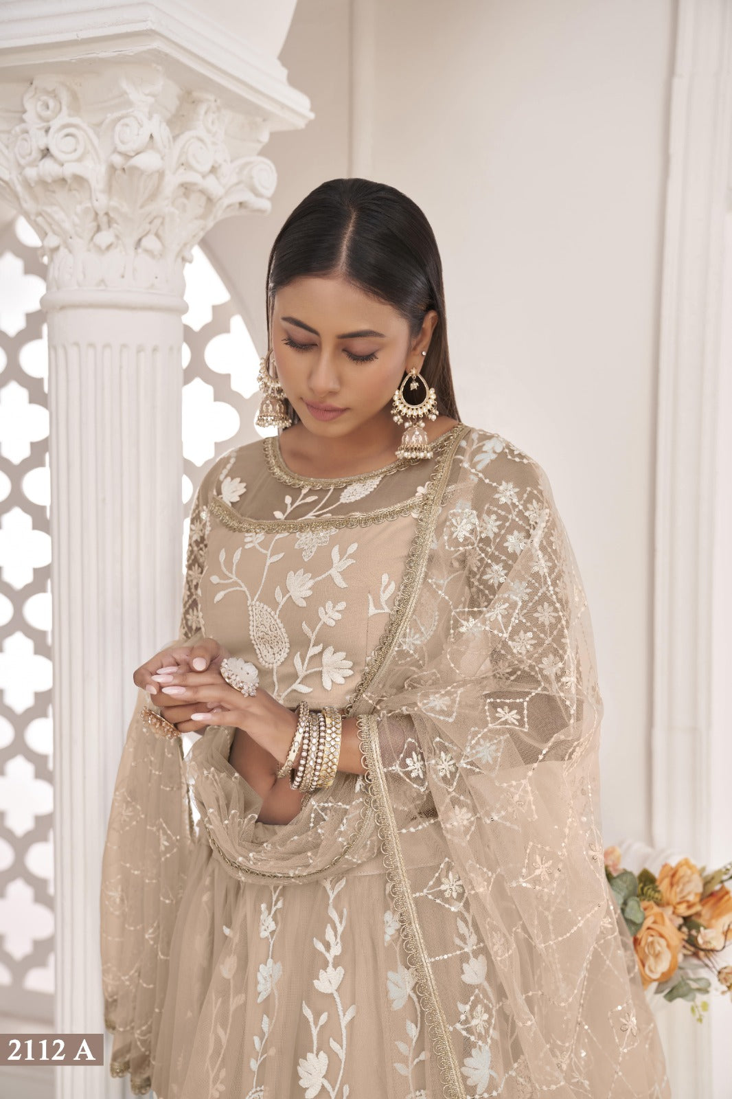 Cream Net Thread Work Lehenga (Semi - Stitched)