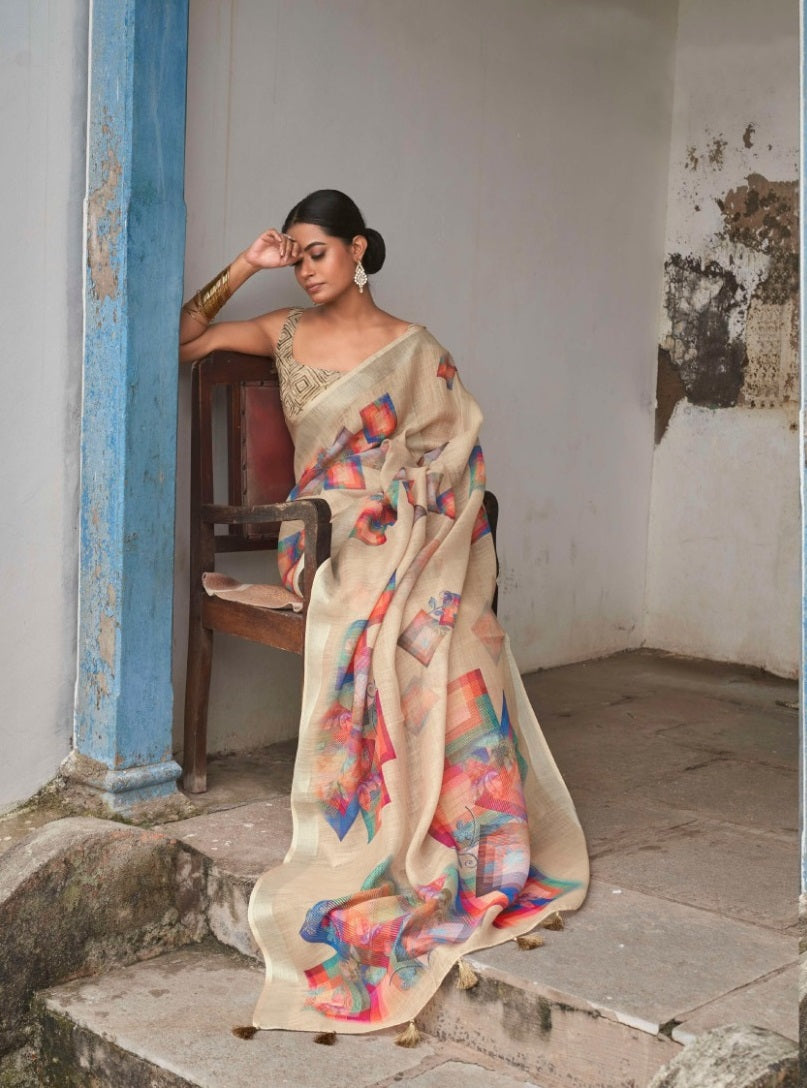 Linen Cotton Saree In Cream
