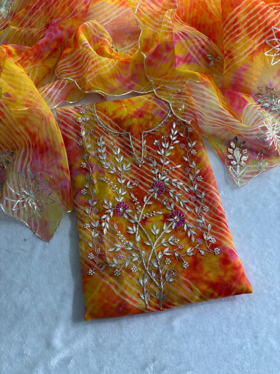 Yellow orange Leheriya Gota Patti Organza Suit