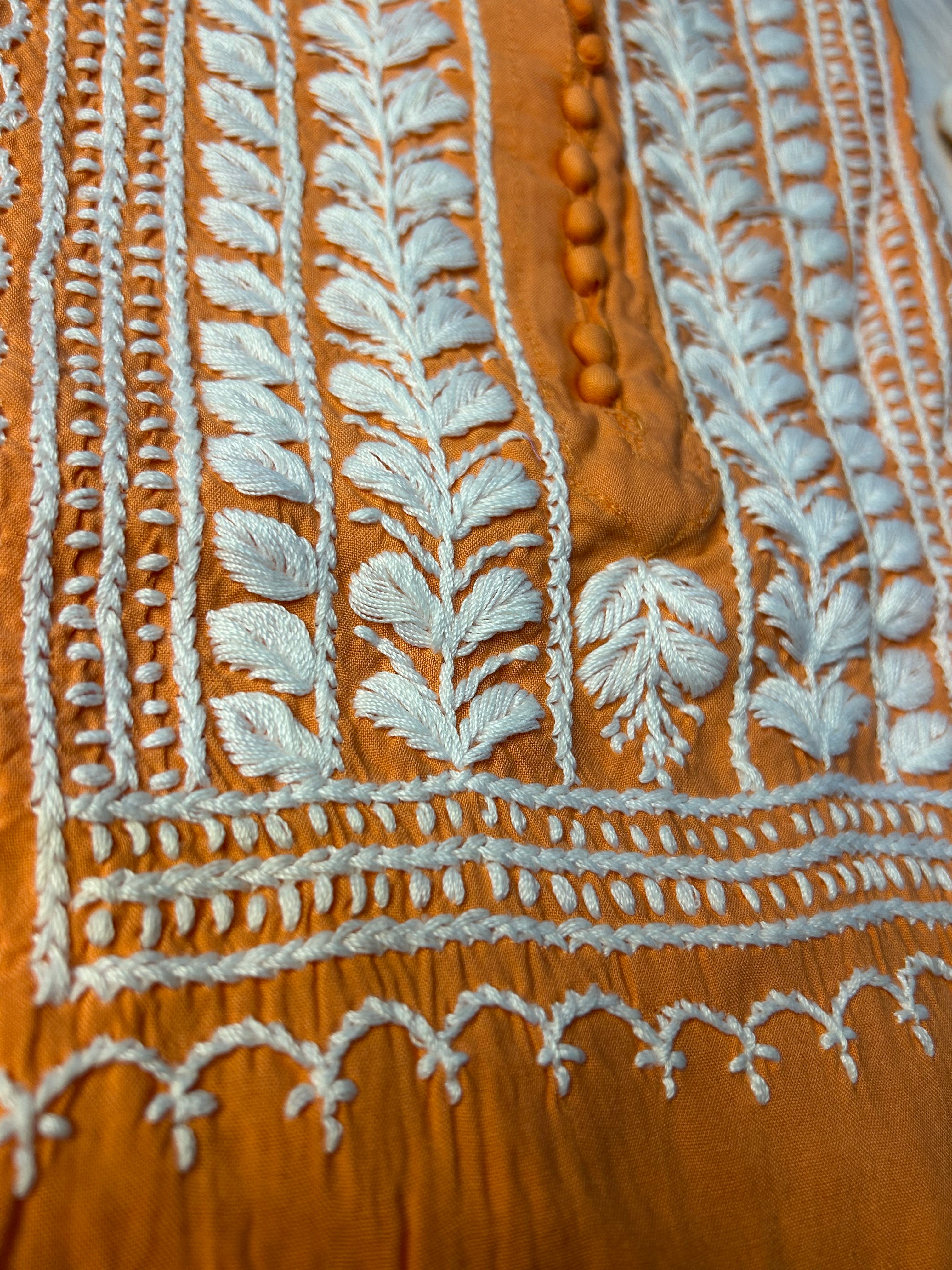 Peach Orange Chikankari Kurti In Rayon With Cotton Stripes Pant