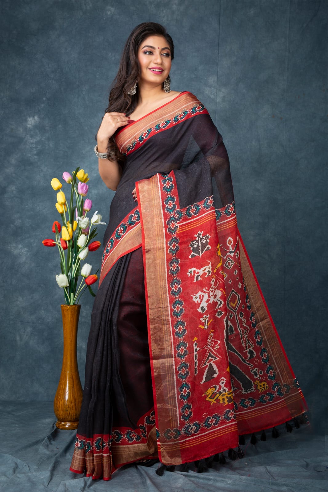Black and Red pure linen saree with blouse