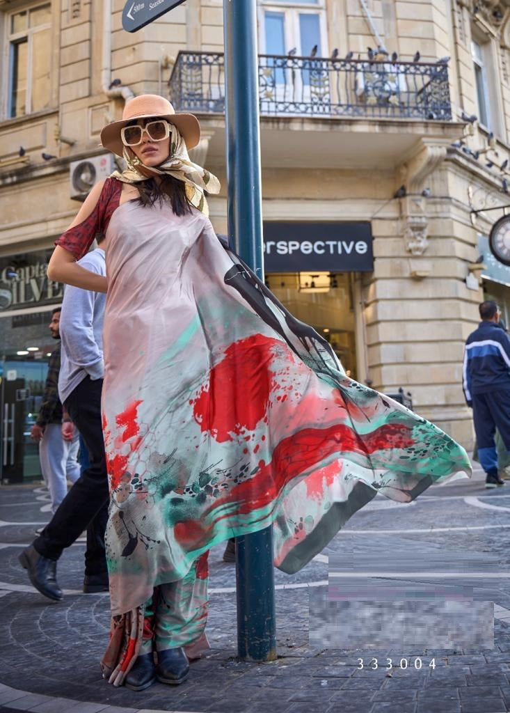 Silk Crepe Digital Print White Rec Saree