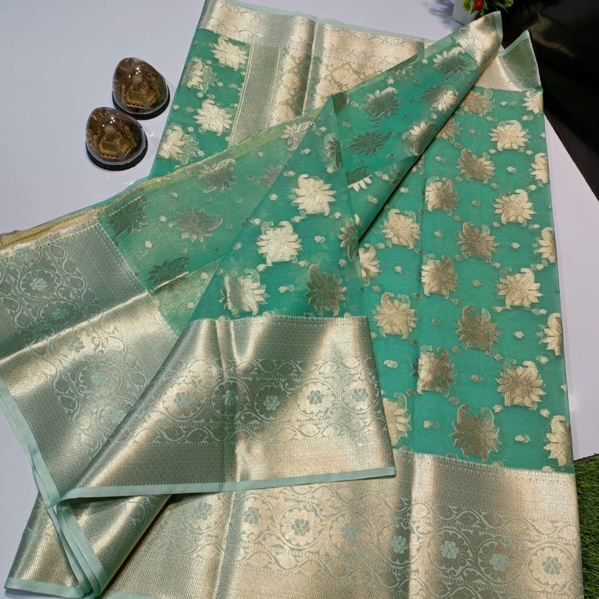 Green Banarasi Semi Kora Organza Saree