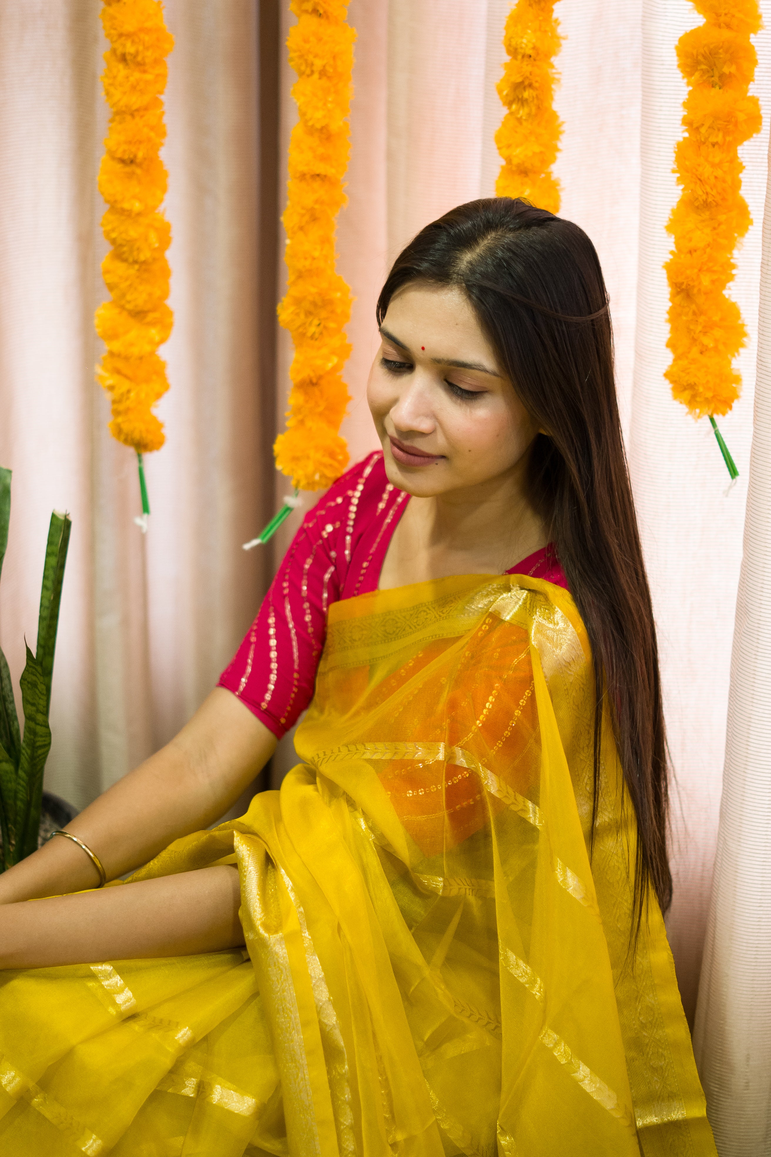 Yellow Banarasi Kora Silk Sari
