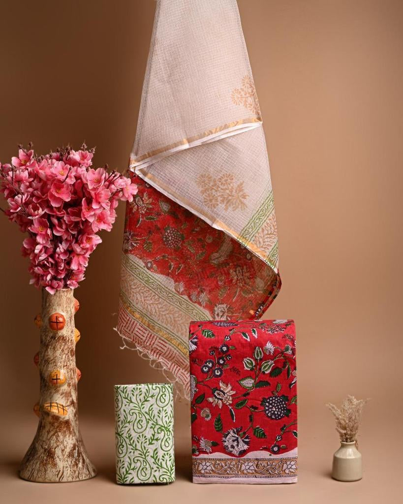 Bina Rai- Red and Cream Cotton Salwar Suit ( Unstitched)