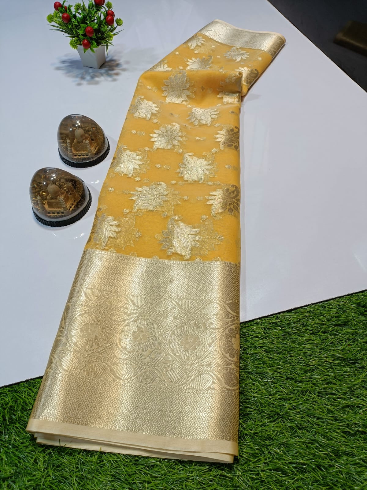 Mustard Yellow Banarasi Semi Kora Organza Saree