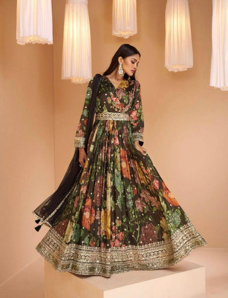 Multicolour gown with dupatta