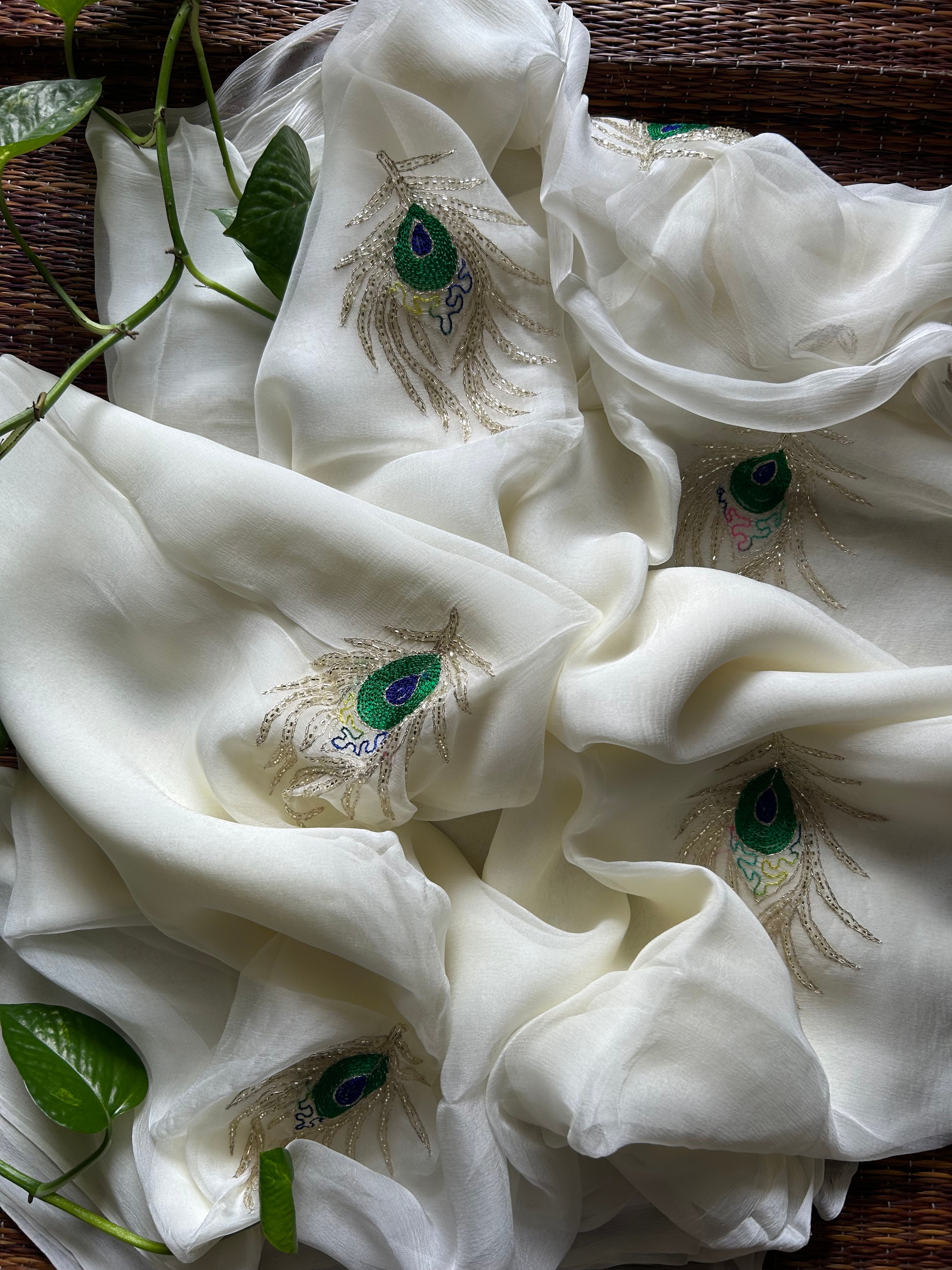 Cream Rajputi Chiffon Handwork Saree