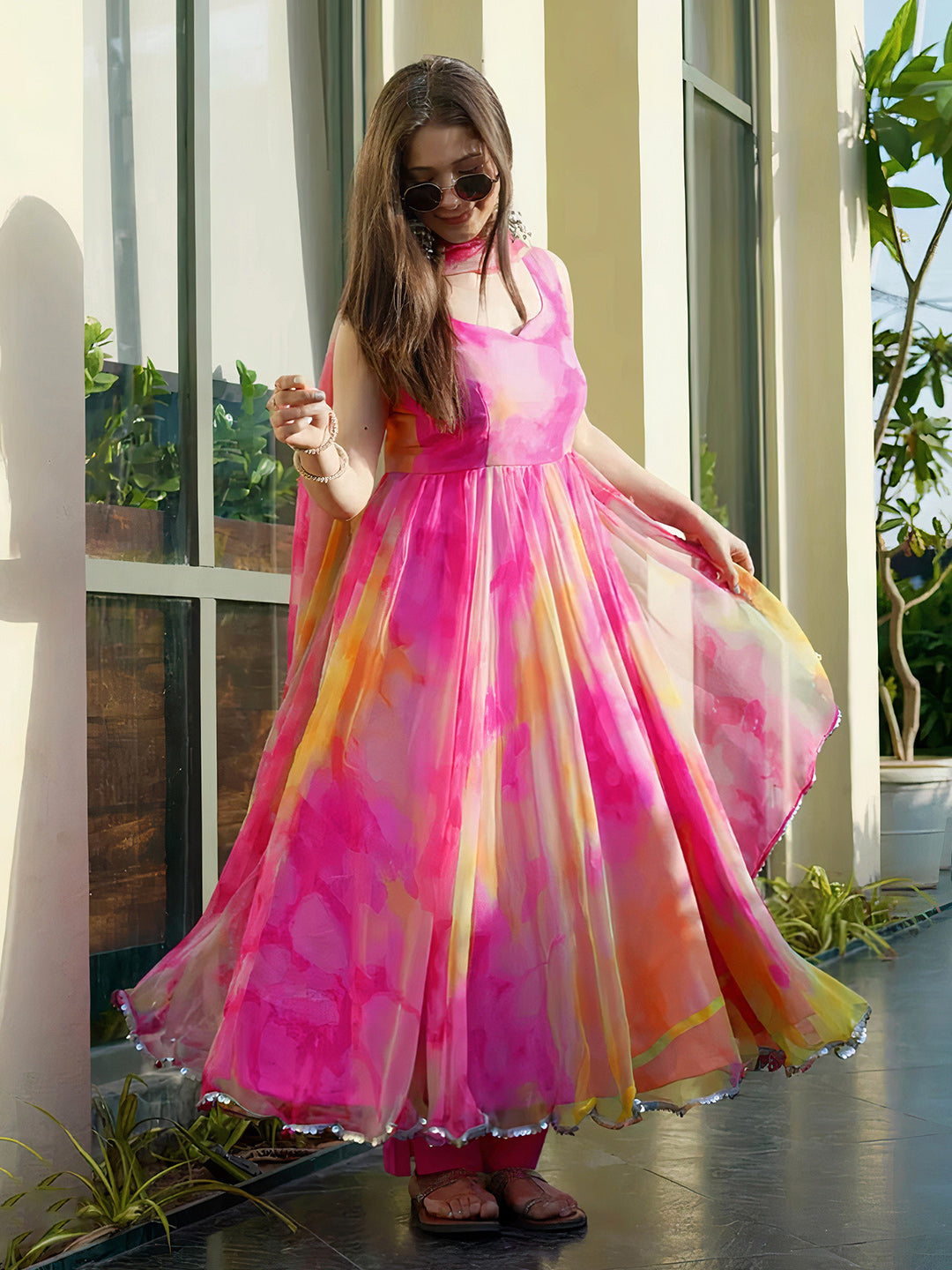 Colorful Floral organza anarkali gown