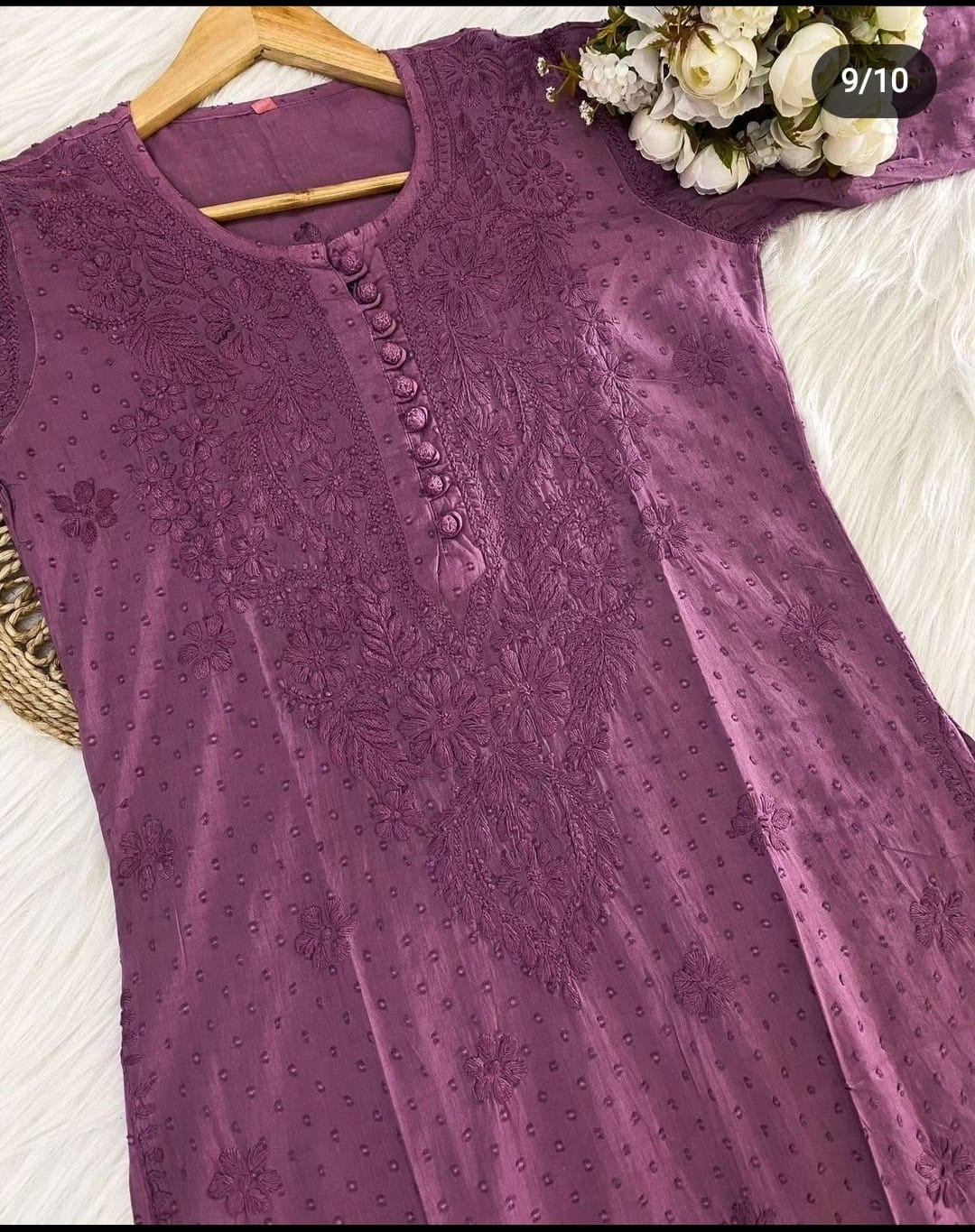 Wine Chikankari cotton Kurti With white Pant