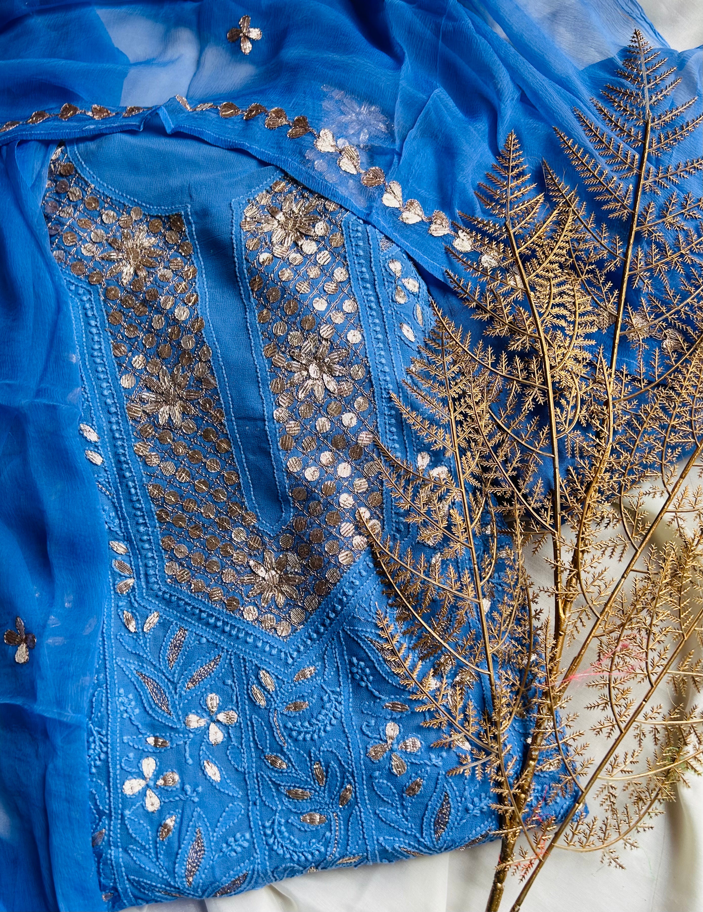 Cobalt Blue Chikankari Mukaish Work unstitched Salwar Suit online