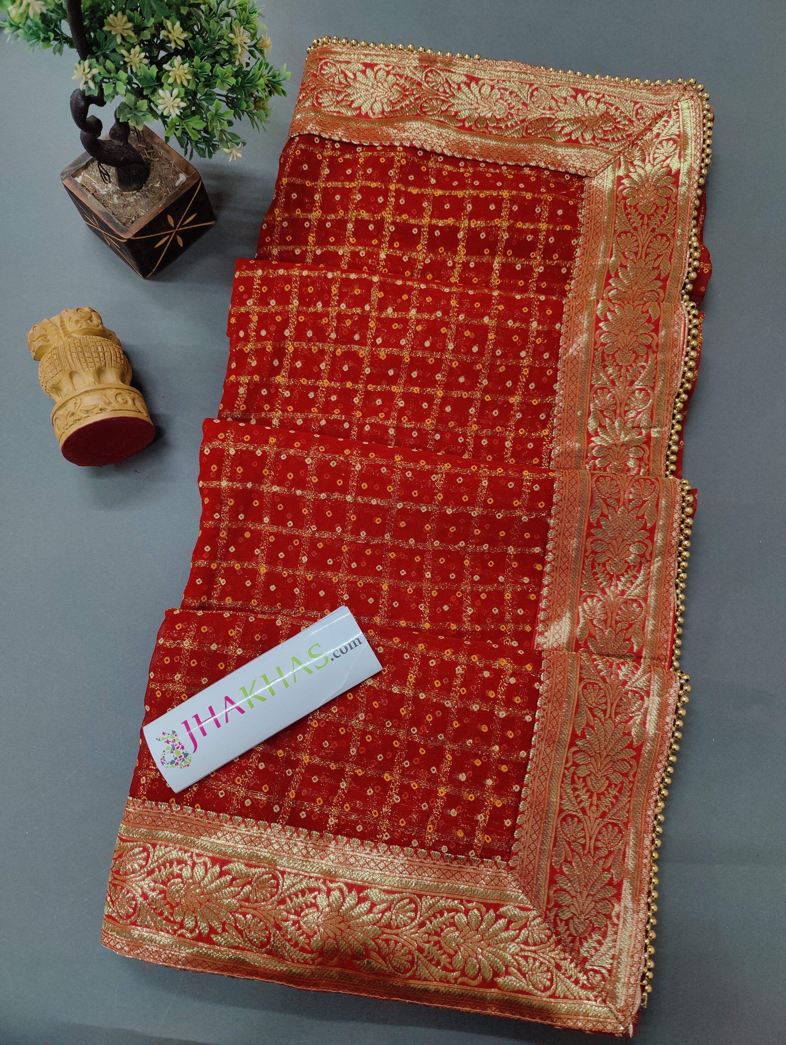 Dark Red Bandhani Gharchola Saree