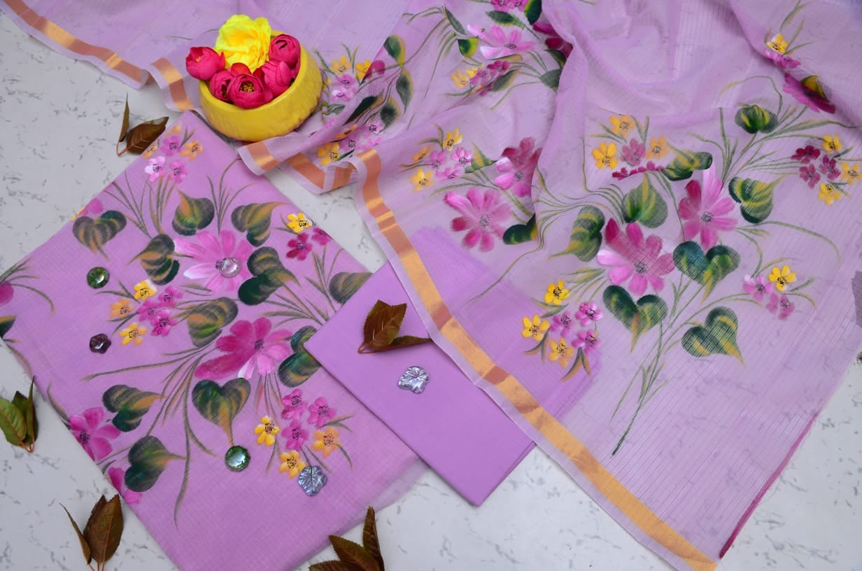 Purple Hand Painted Cotton Kota Doria Suit With Dupatta