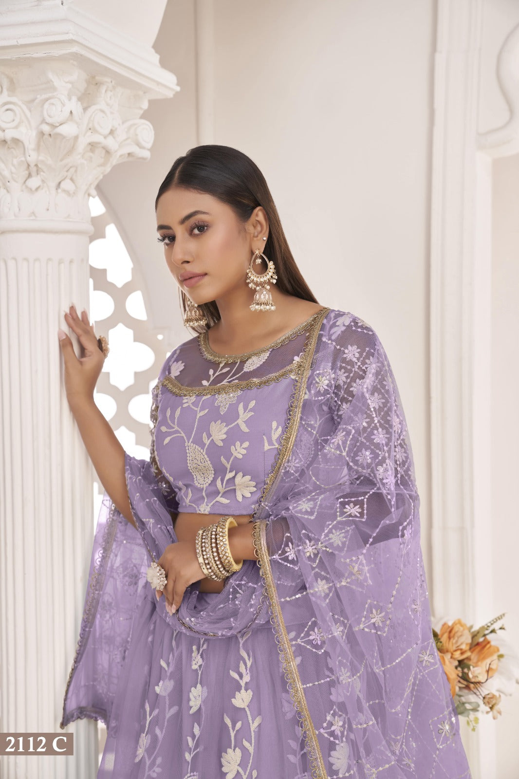 Levandar Net Thread Work Lehenga (Semi - Stitched