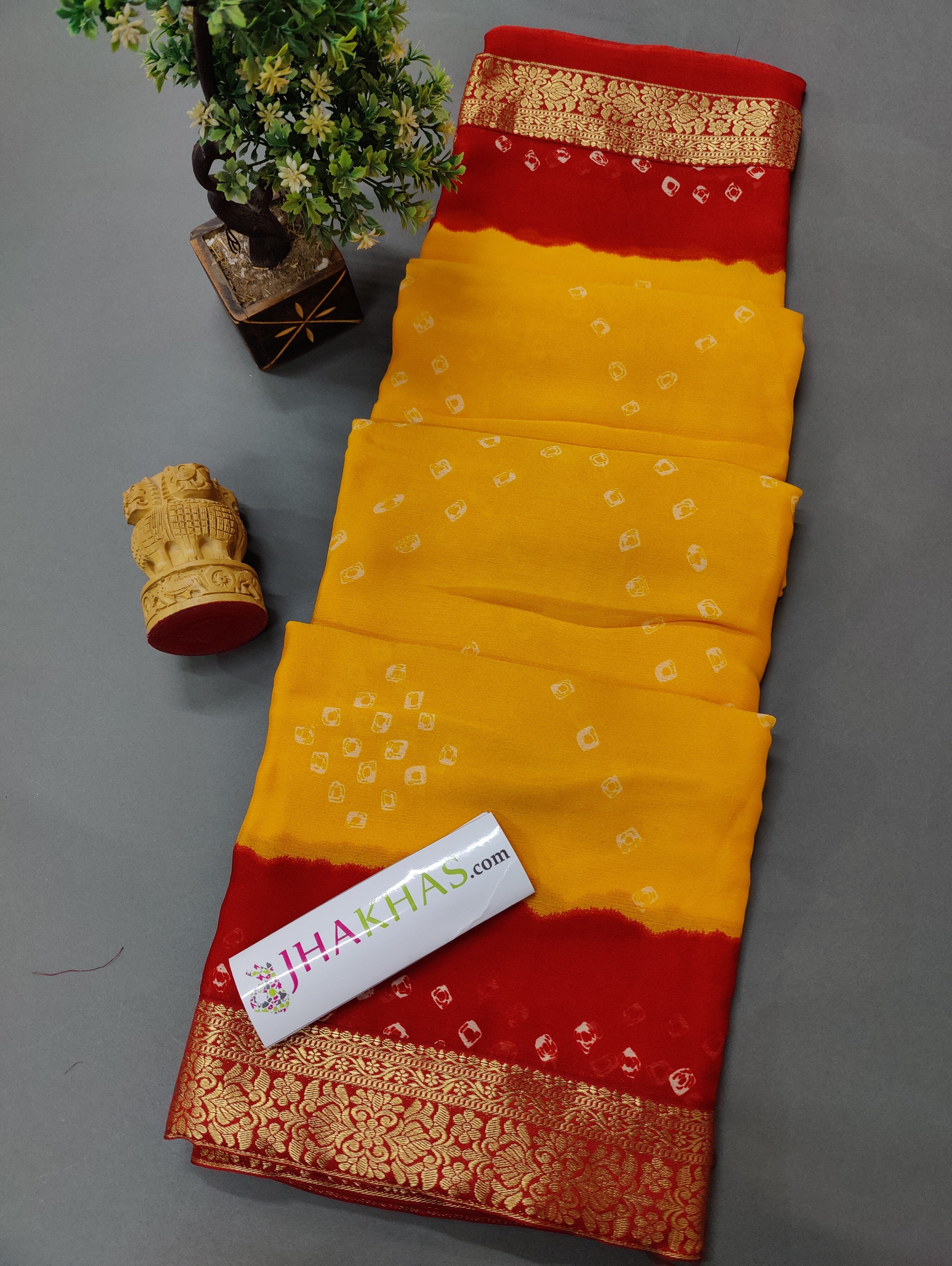 Rajasthani bandhani Saree in red yellow