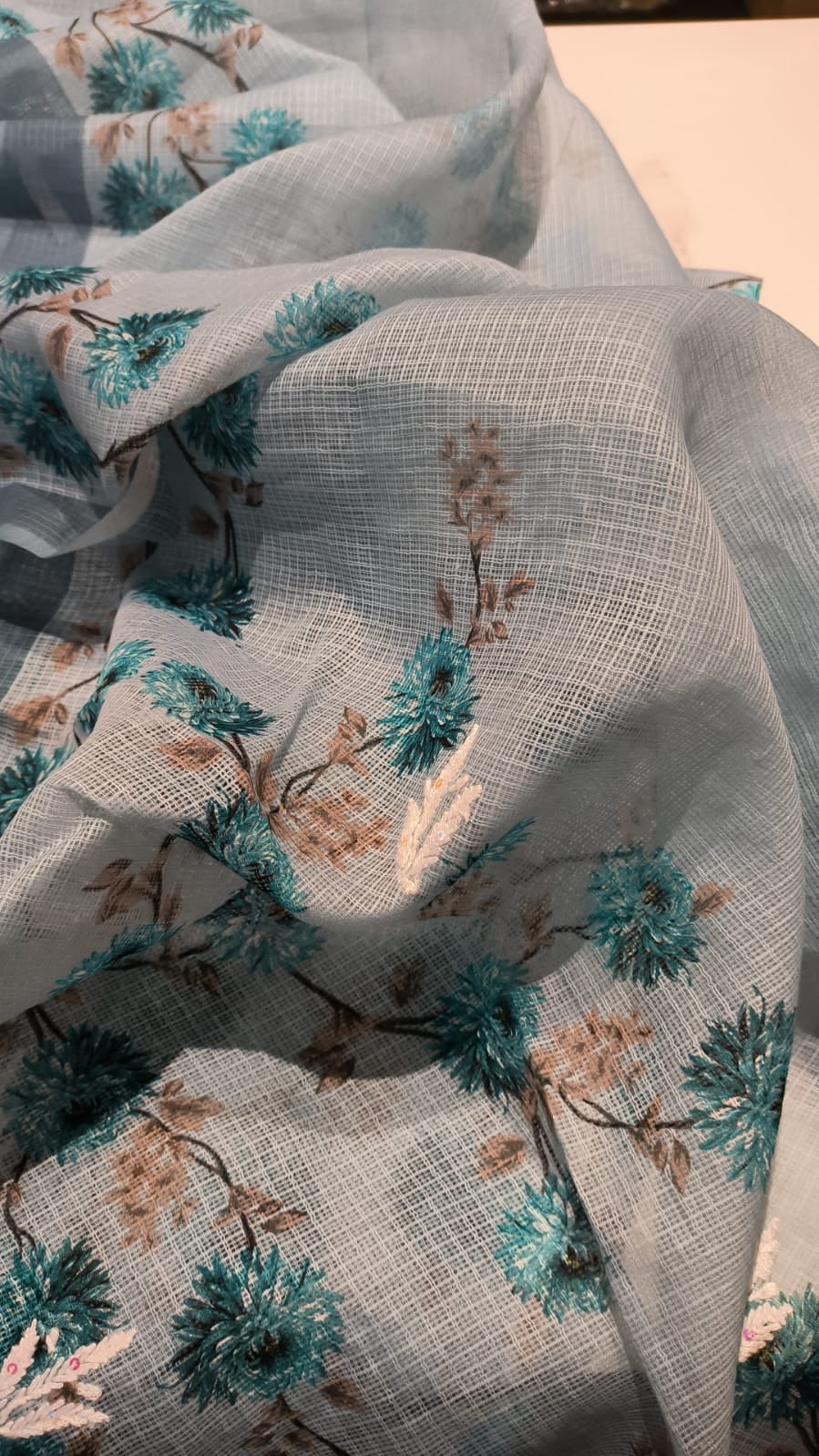 Grey-Blue Chikan Embroidery Cotton Kurti Set fabric