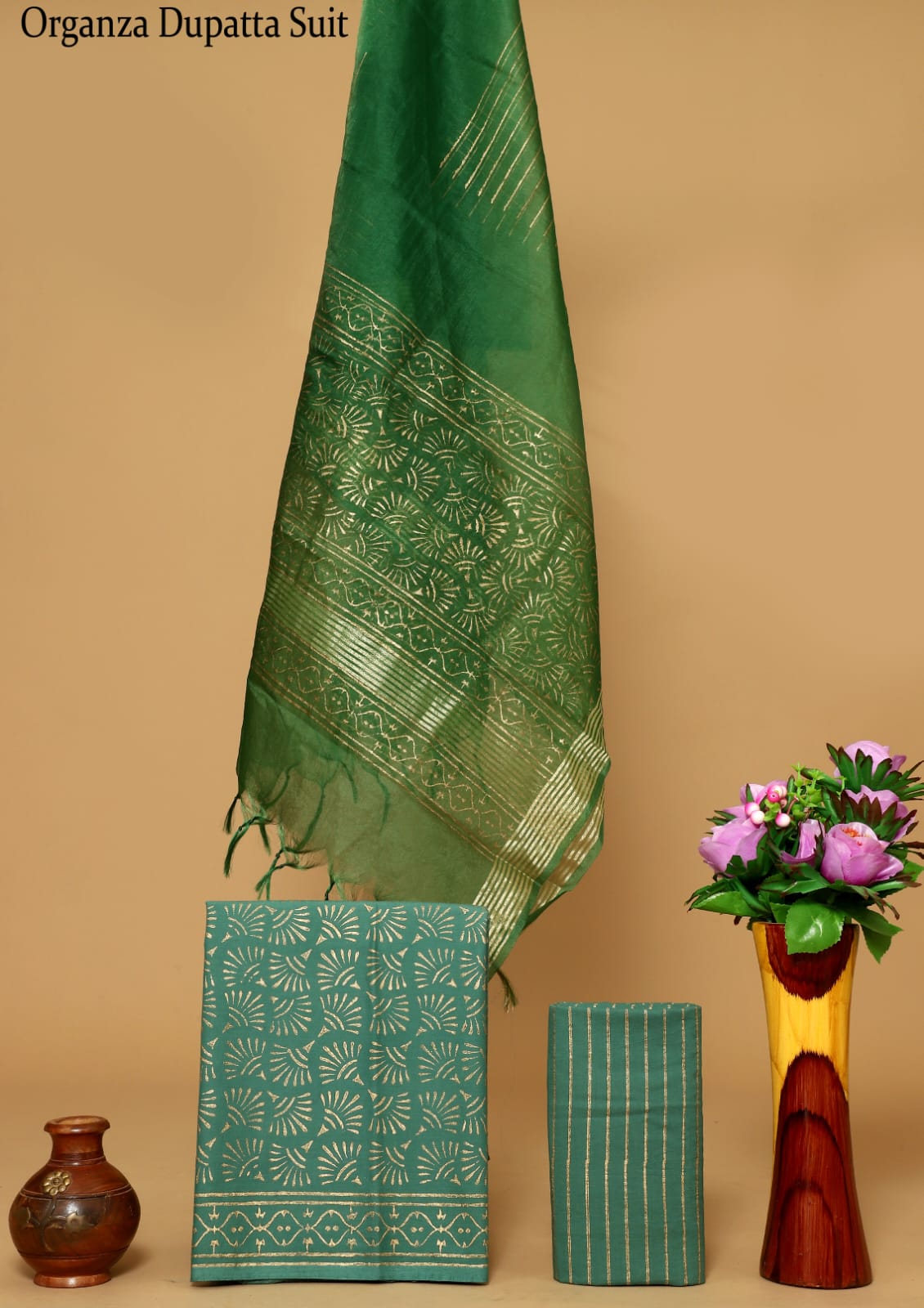 Green - Bengal Kantha Hand Embroidered Cotton 3pc Unstitched Dress Material Suit Set  12