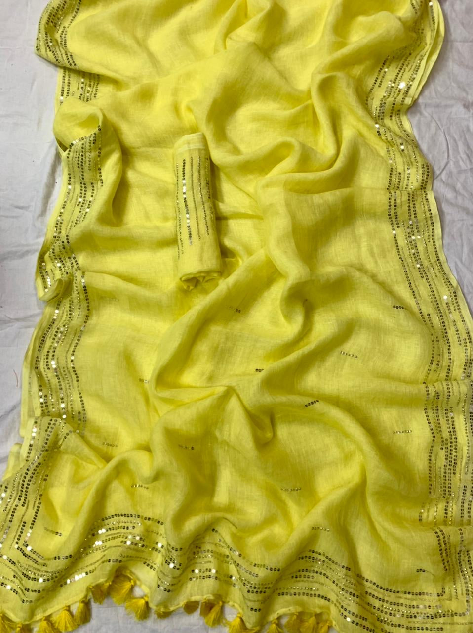 Lemon Yellow Pure Linen Saree With Embroidery