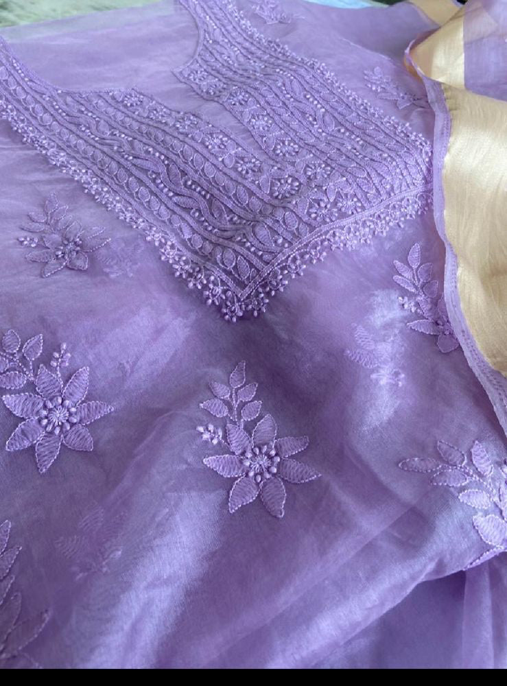 Lavender Purple Chikan work Organza Salwar Suit fabric