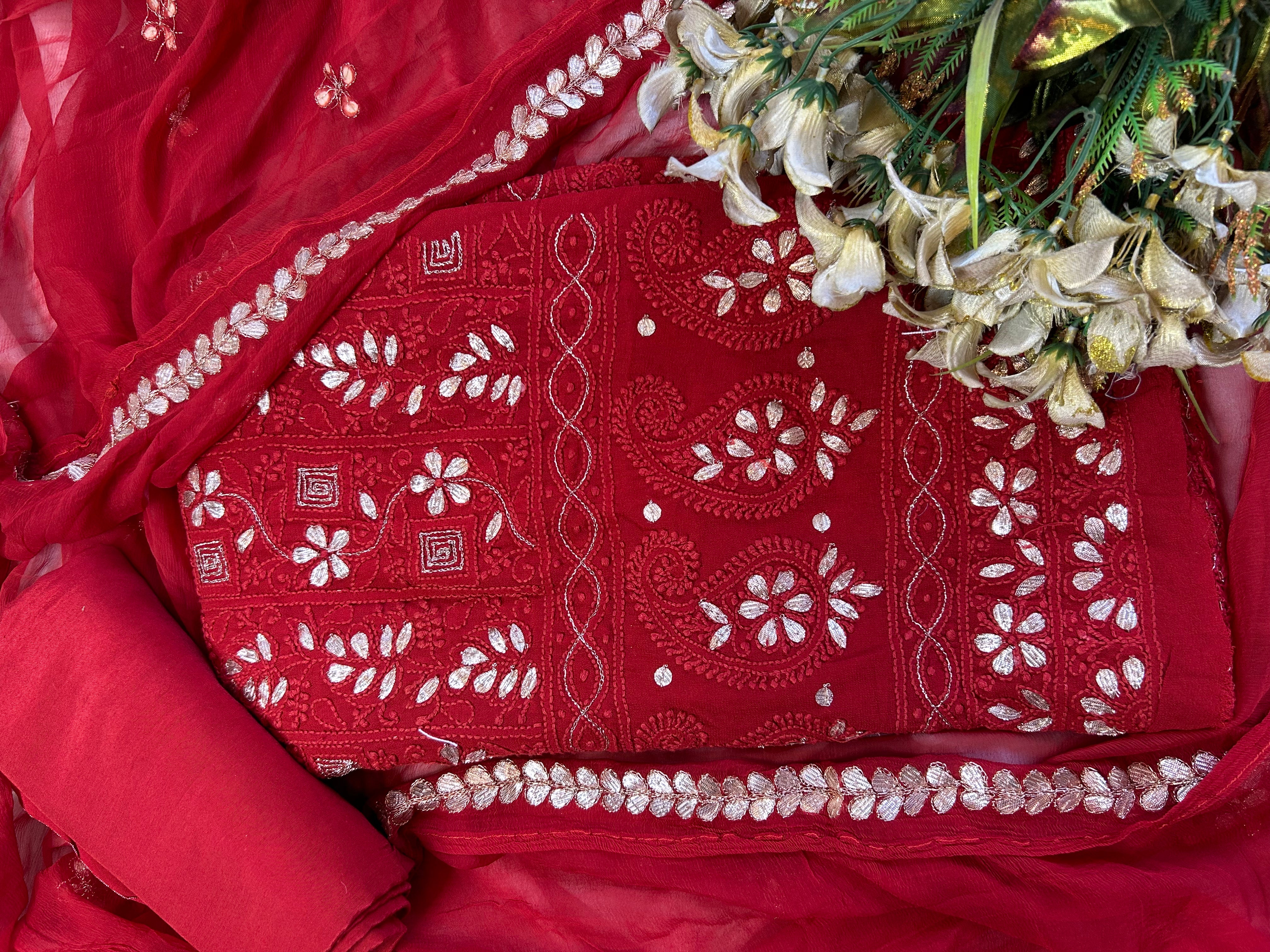 Fancy Chikankari Gota Embroridery Unstitched Salwar Kameez In Gorgeous Red