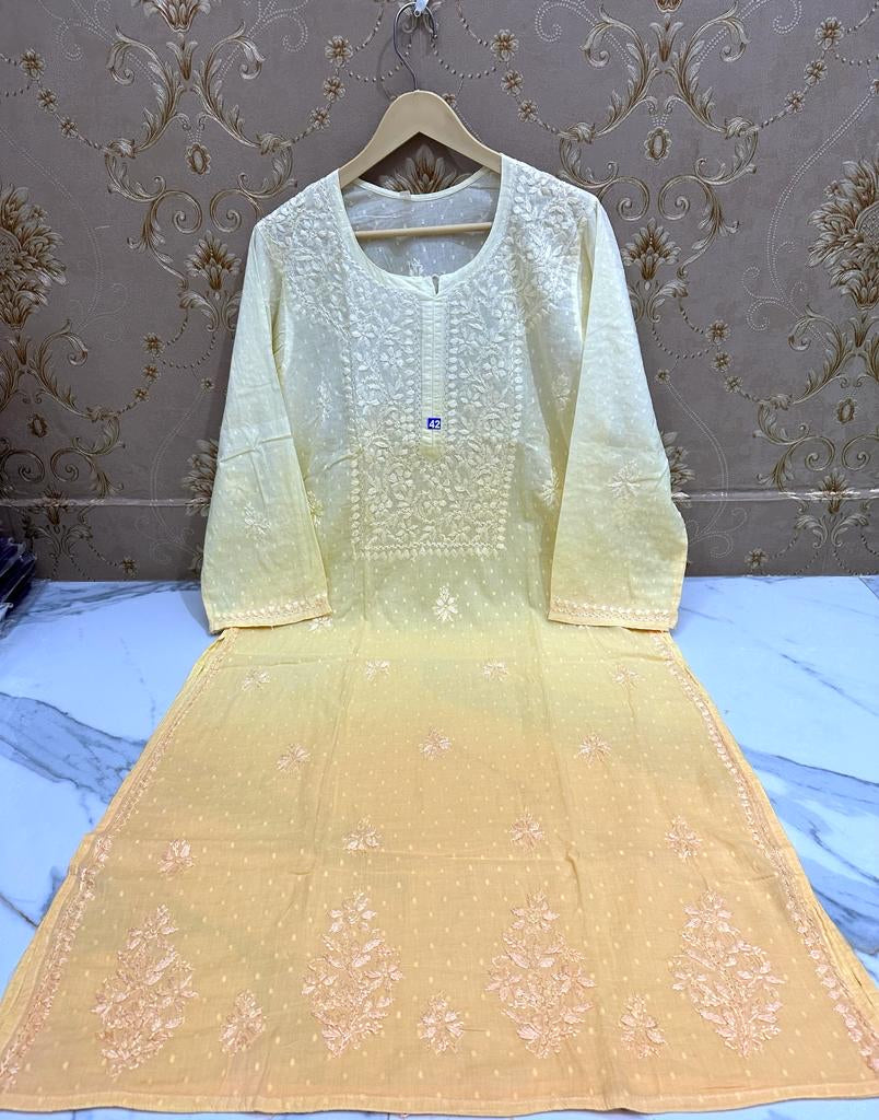 Premium chikankari shaded Kurti in creamish yellow