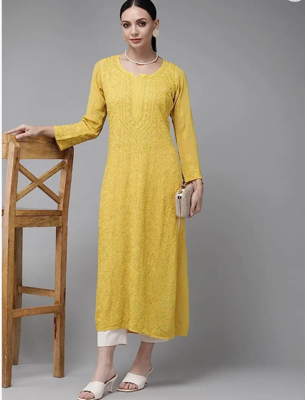 Chikankari Kurti in yellow