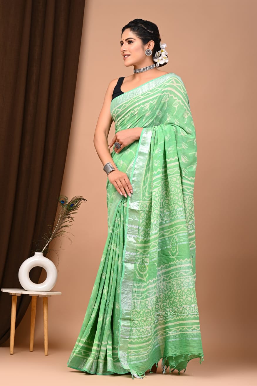 Green Pure Linen Saree
