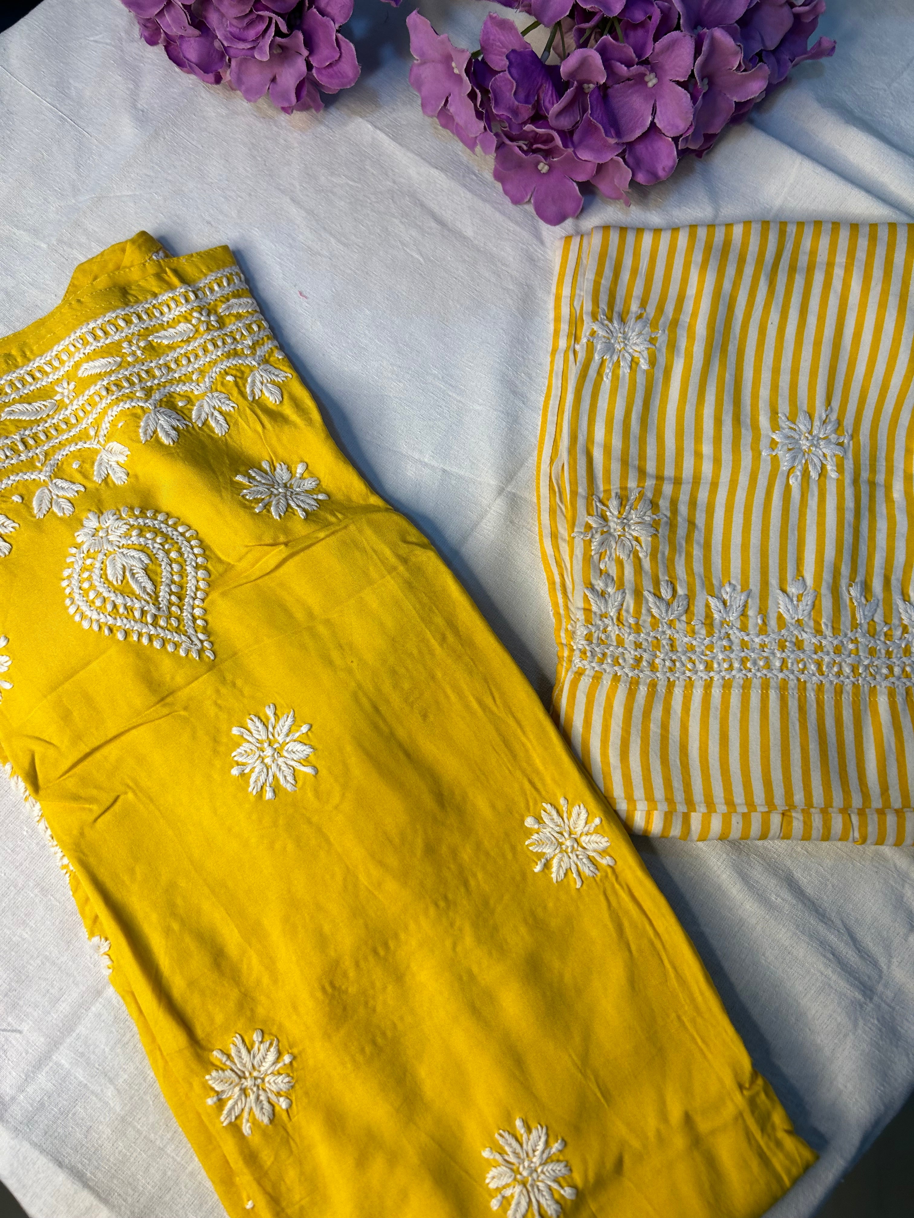 Yellow Chikankari Kurti In Rayon With Cotton Stripes Pant