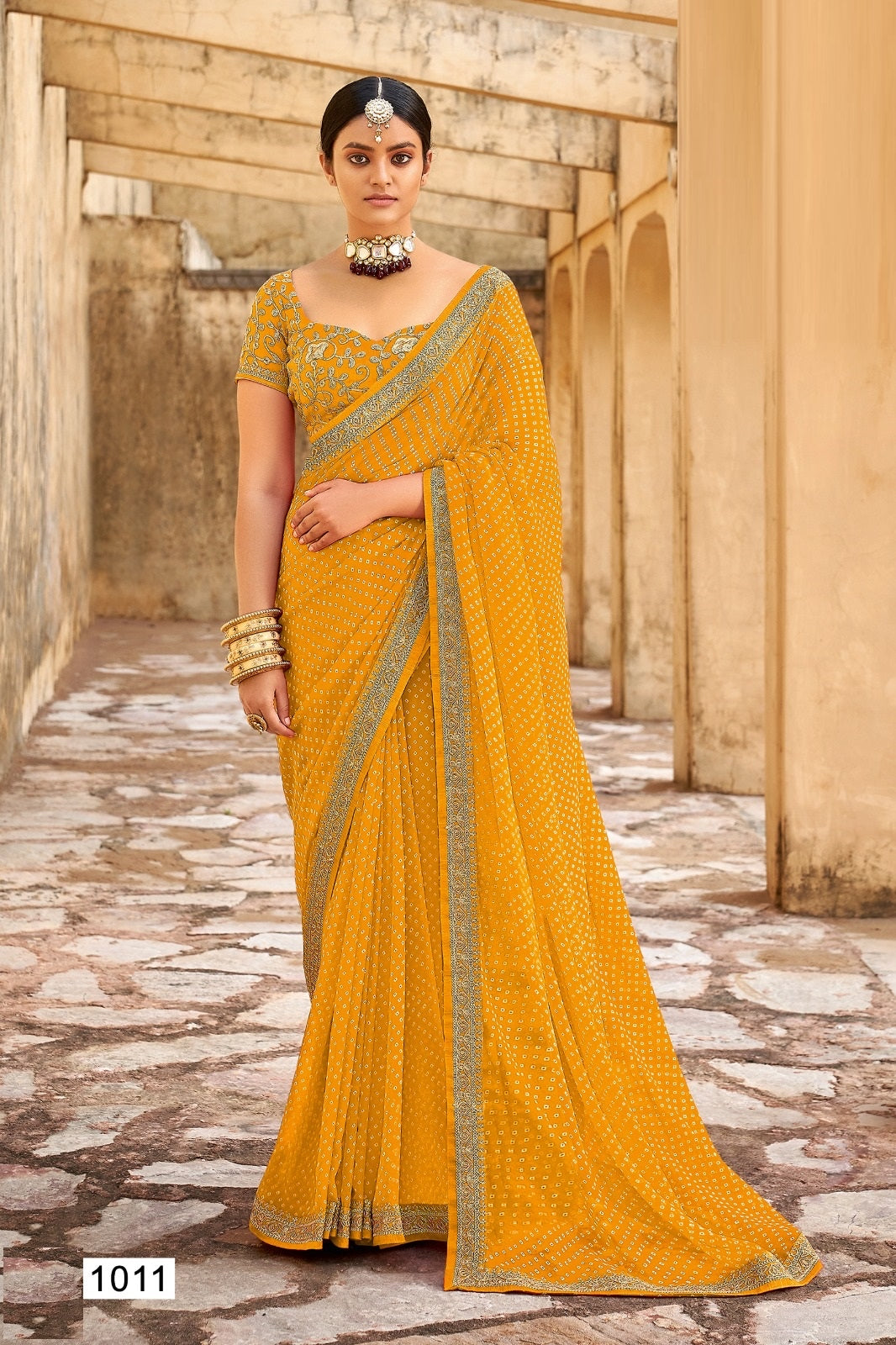 Bandhani print Georgette saree in mustard