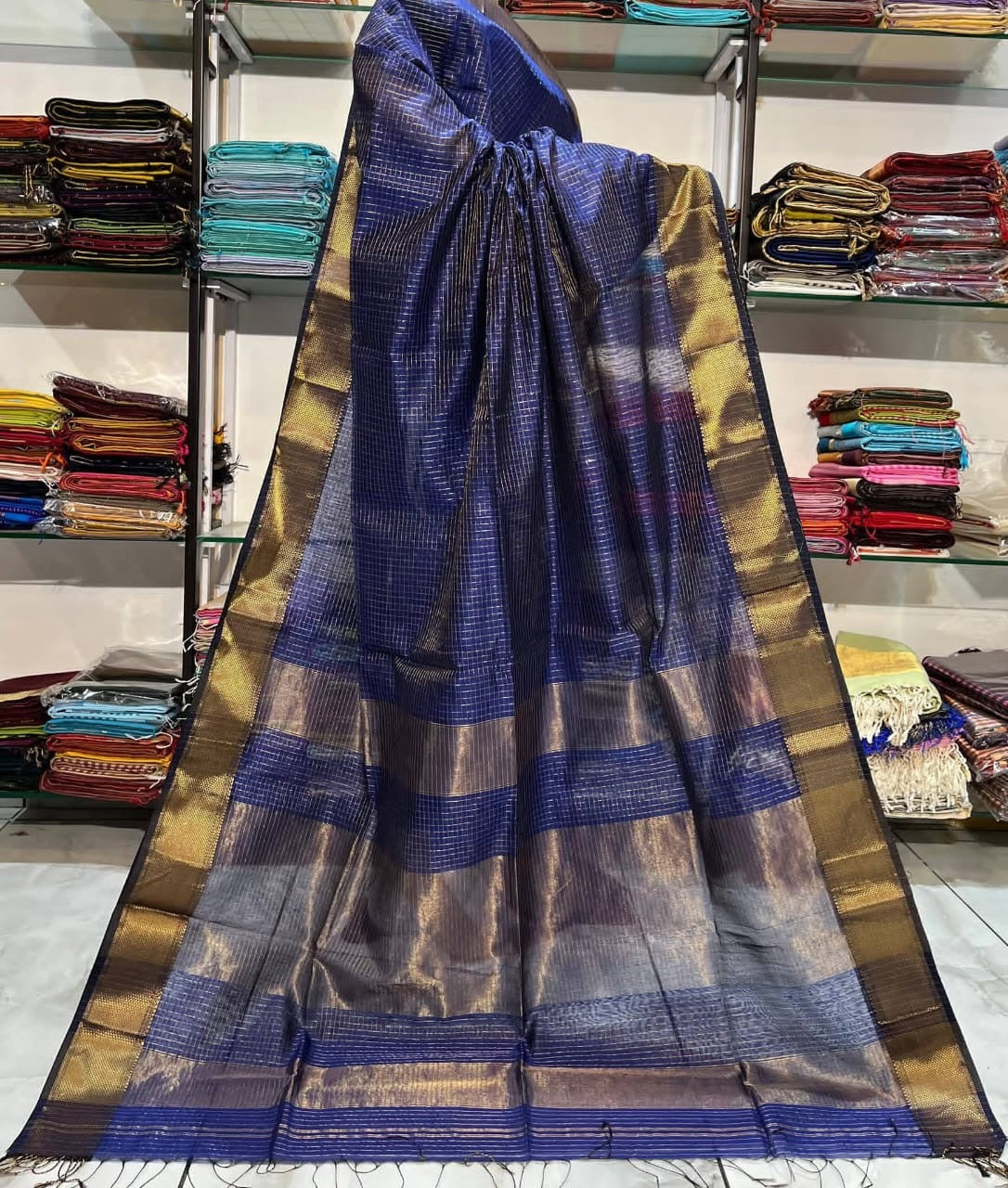 Blue Maheshwari silk Handloom Zari Check Saree