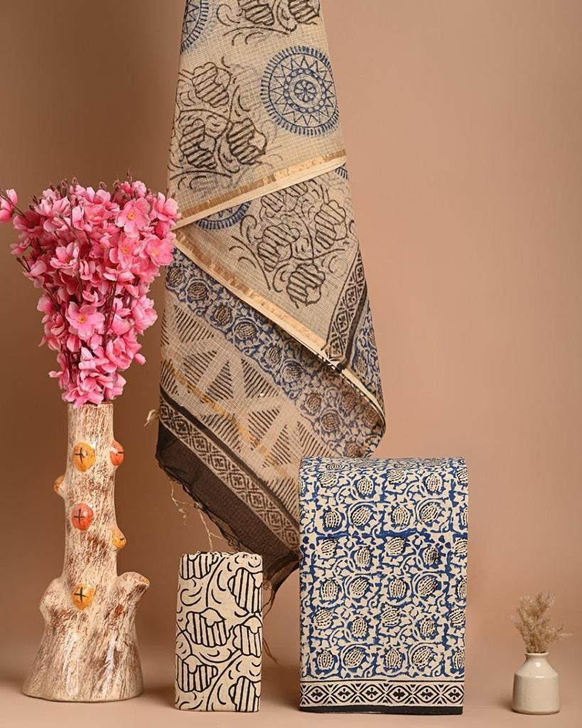 Cream and Blue Cotton Salwar Suit ( Unstitched)