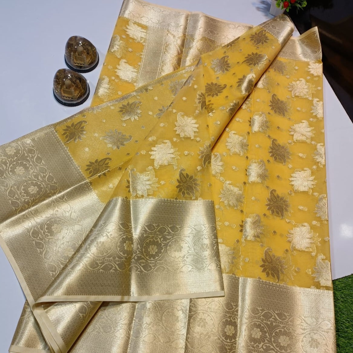 Mustard Yellow Banarasi Semi Kora Organza Saree