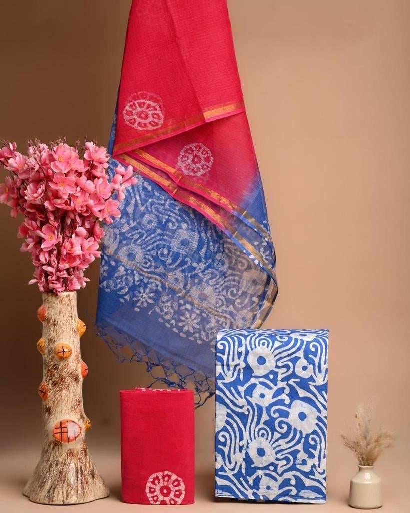 Nazima- Red and Blue Cotton Salwar Suit ( Unstitched)
