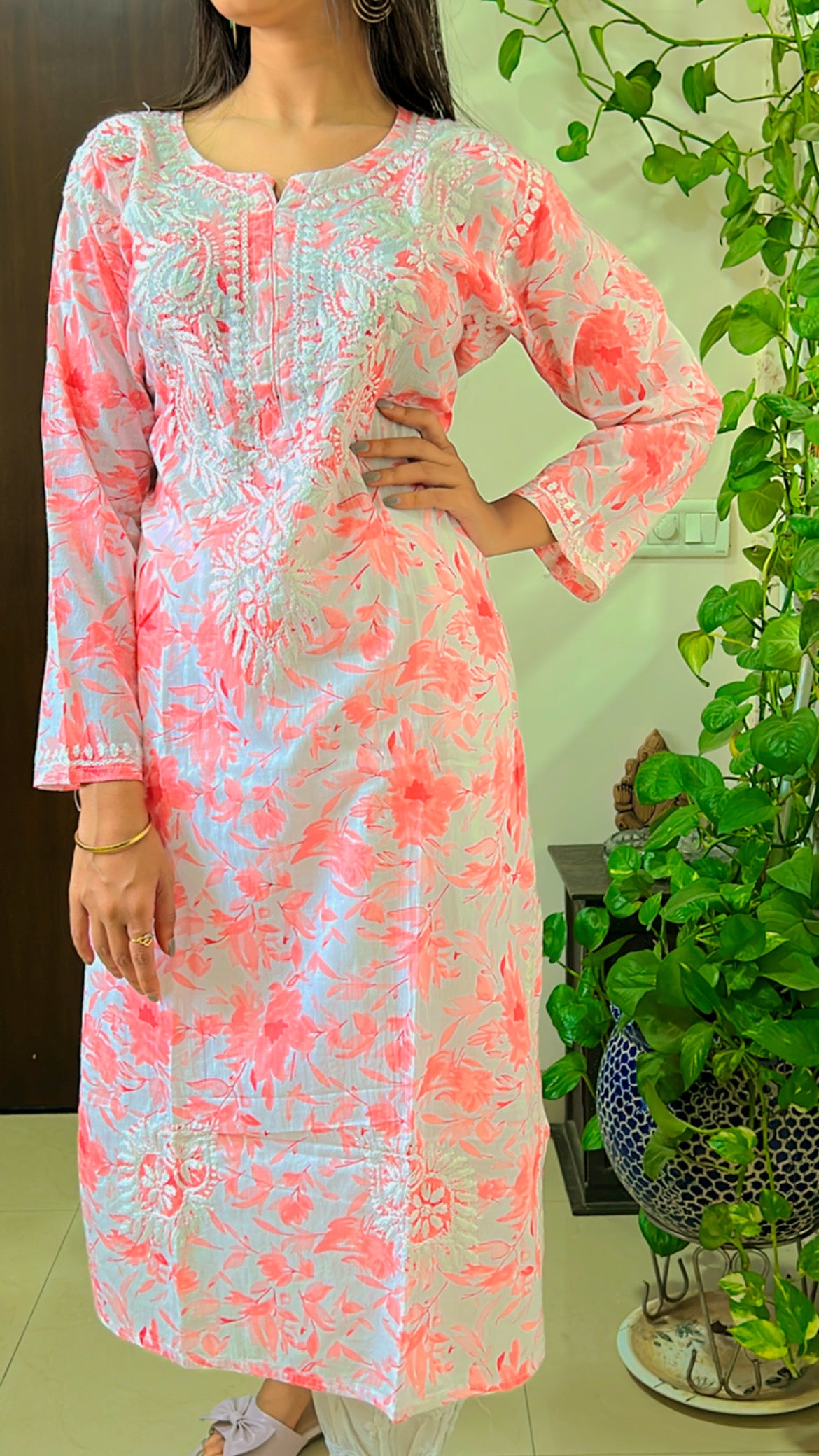 Mul mul cotton lucknowi chikankari kurti and afghani set in orange floral