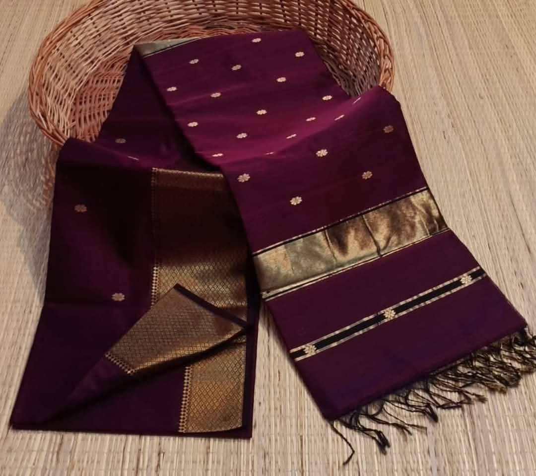 Wine Maheshwari silk Handloom Zari Saree