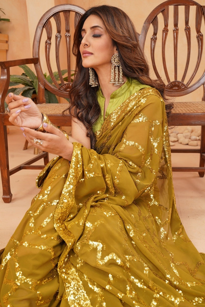 Mehandi Green Sequins work georgette saree