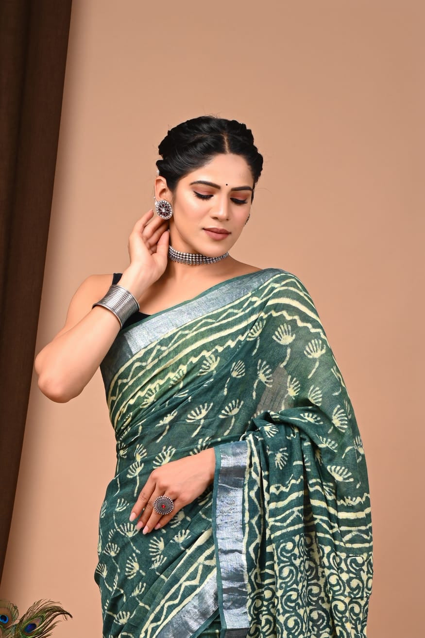 Green Nayantara Style Linen Saree