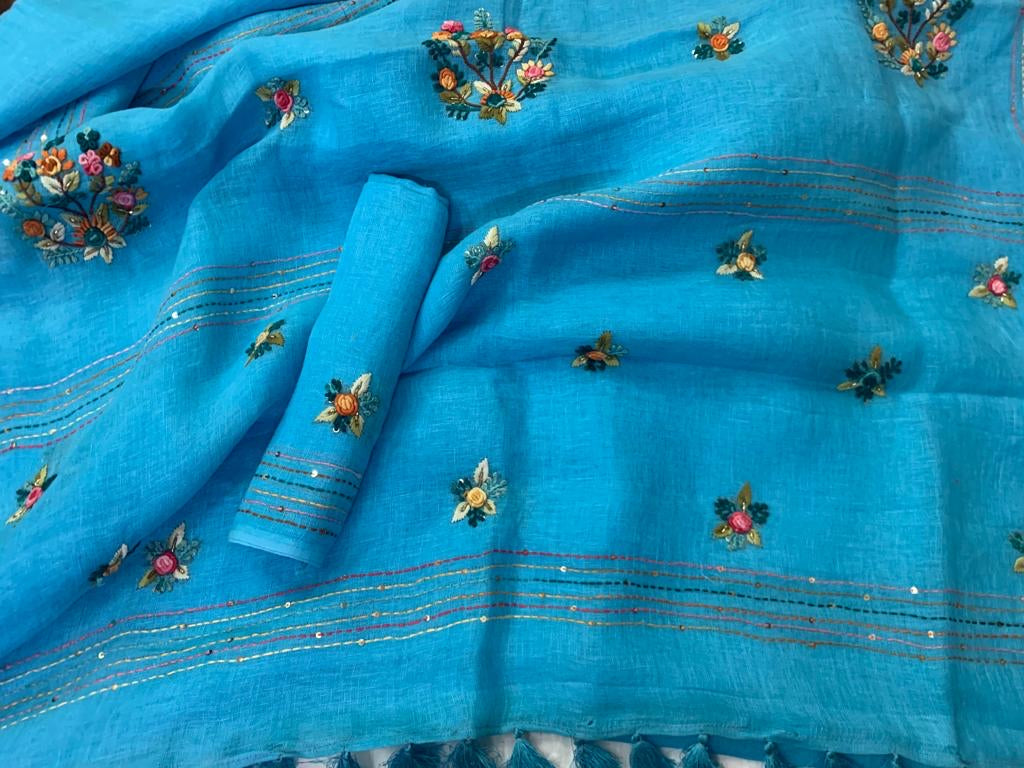 Linen Embroidred Saree In Sky blue