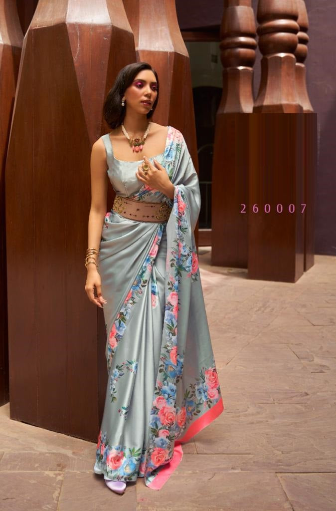 Digital Floral Print Saree In Grey