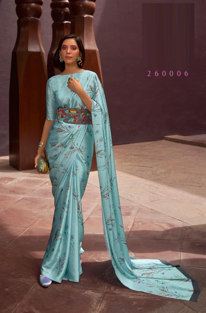 Digital Floral Print Saree In Sea Blue