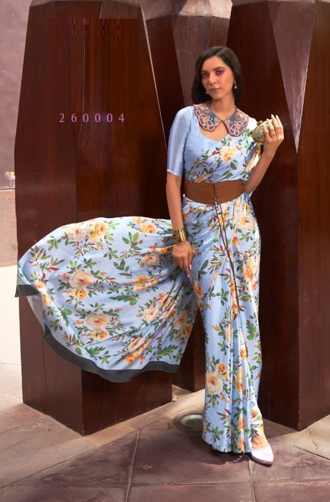 Digital Floral Print Saree In Blue