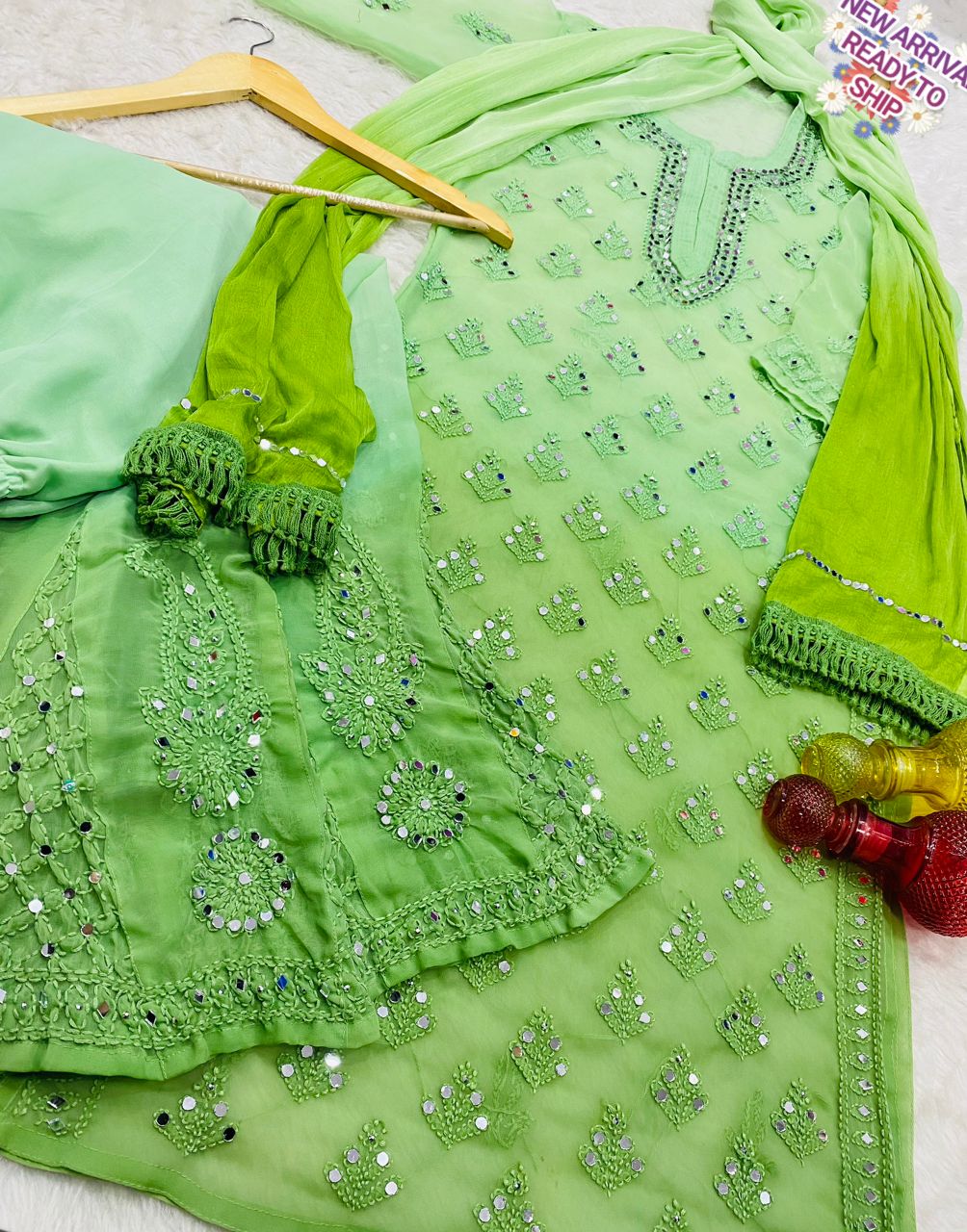 Green Mirror Work Chikankari Sharara Set