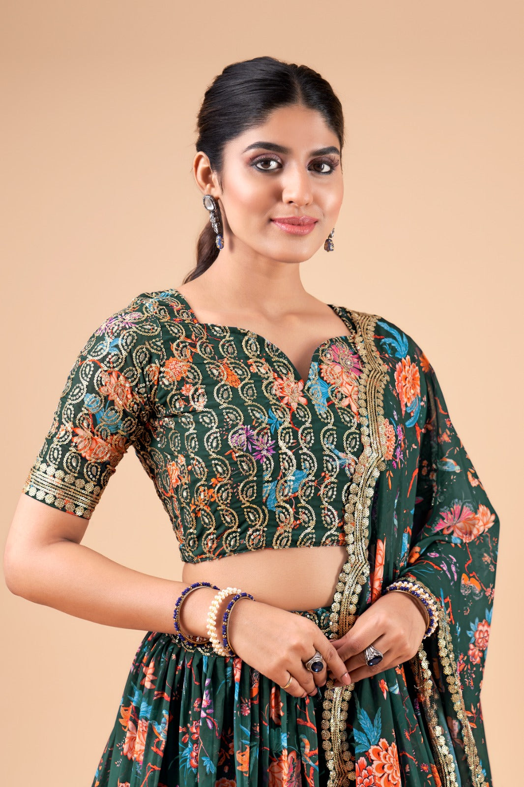 Green Floral Organza Lehenga (Semi-Stitched