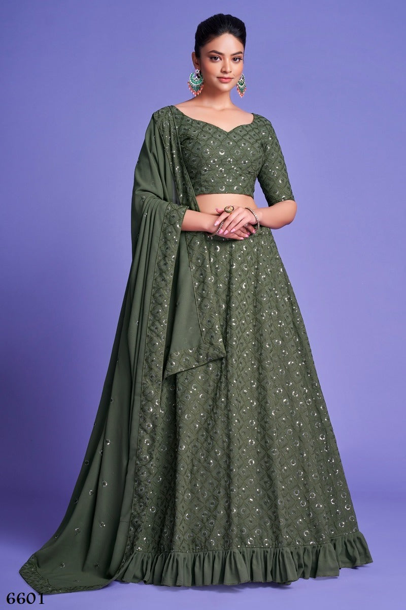 Green Sequins Embroidery Lehenga (Semi Stitched)