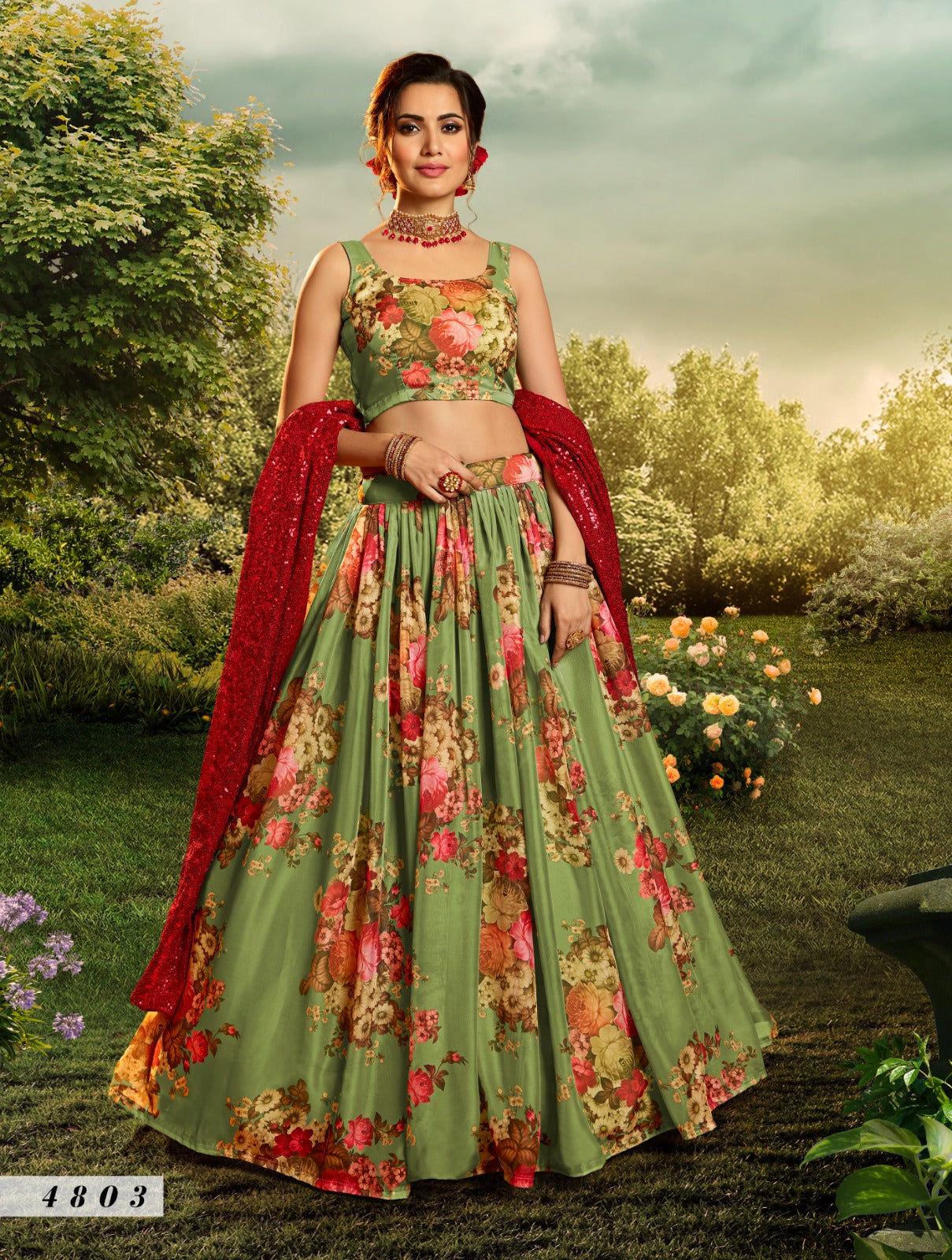 Floral Organza Lehenga In Green (Semi Stitched)