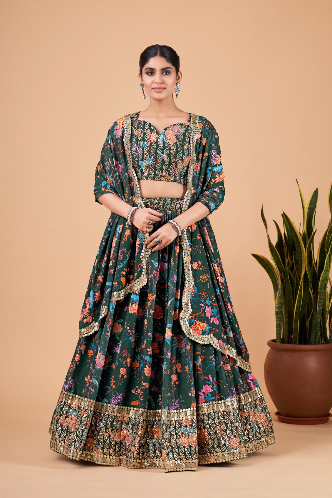 Green Floral Organza Lehenga (Semi-Stitched