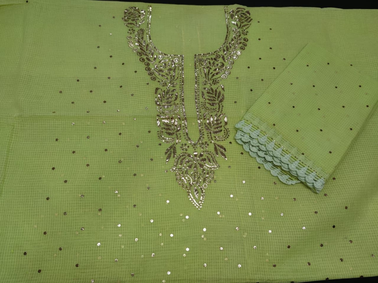 Leaf Green Kota Doria Chikan work Salwar Suit unstitched online
